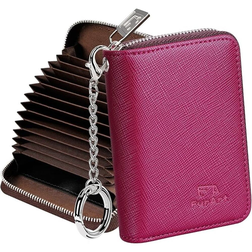 Wallet, RFID Blocking, Cash Credit Business Card Slots Zipper Keychain (Berry)